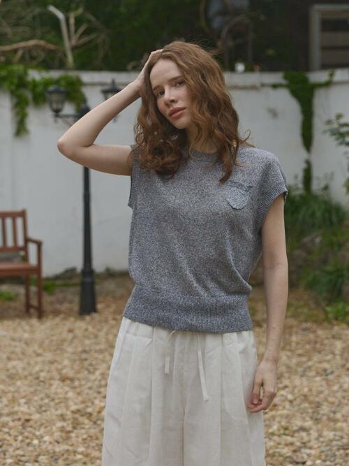 linen 100% | blue melange linen cap sleeve knit top - Blue Melange