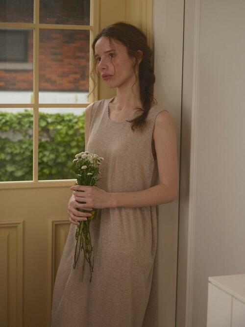 linen 100% | pure linen gather dress - Oatmeal Beige