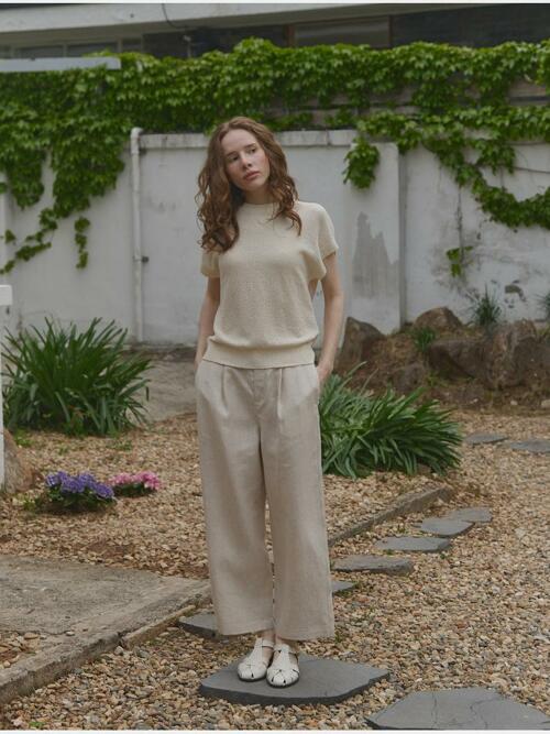 linen 100% | wide tuck pants - Natural Beige