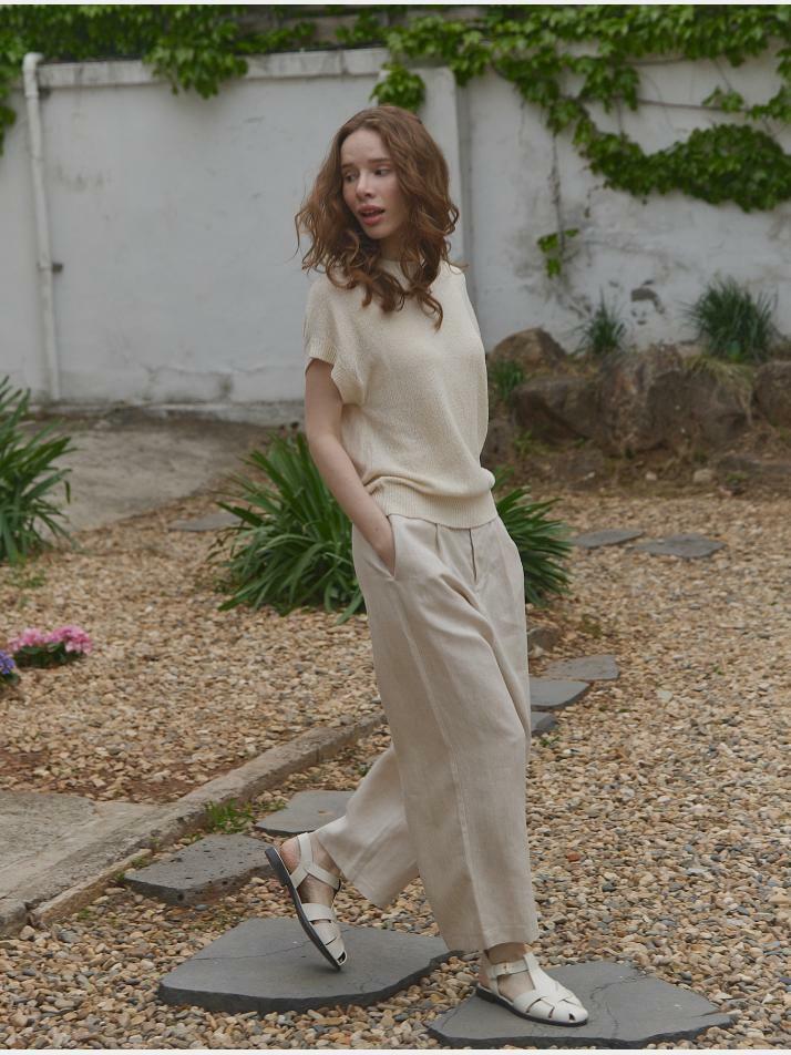 linen 100% | wide tuck pants - Natural Beige