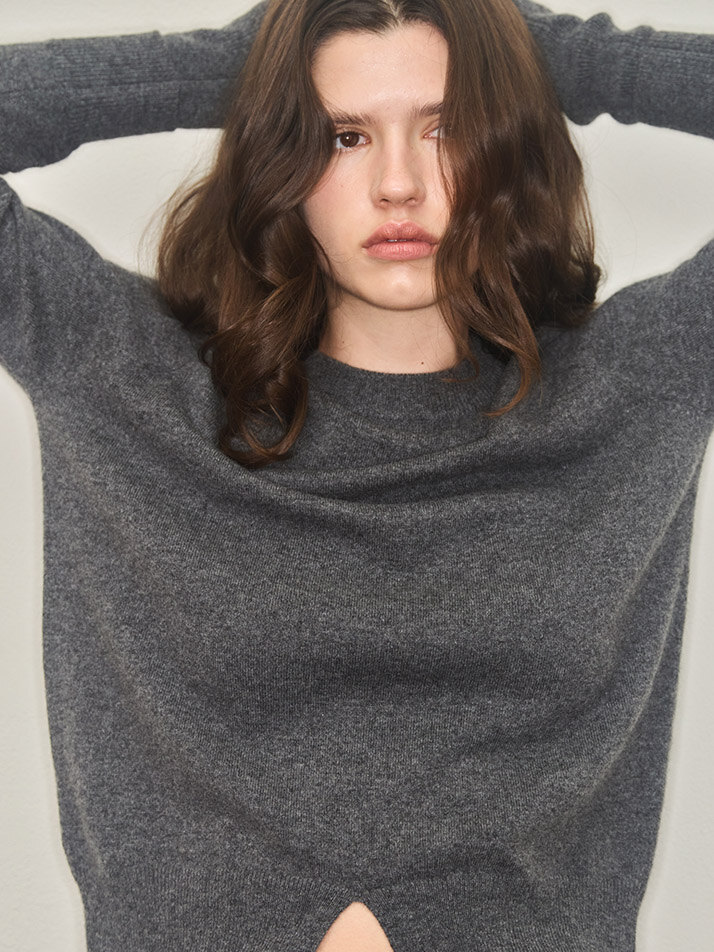 cashmere 10% wool 90% | cashmere double cuff knit top - Gray