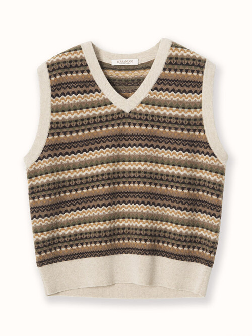 cashmere 100% | cashmere pattern knit vest - Brown