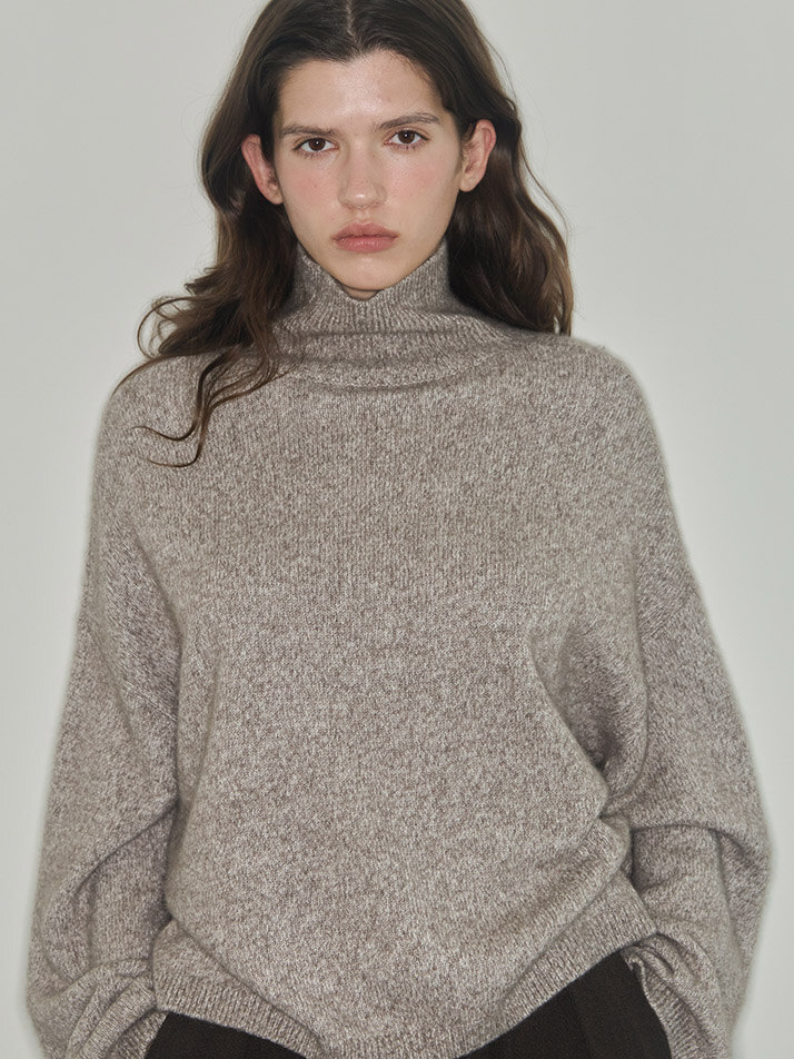 cashmere 100% | mélange turtleneck knit top - Beige
