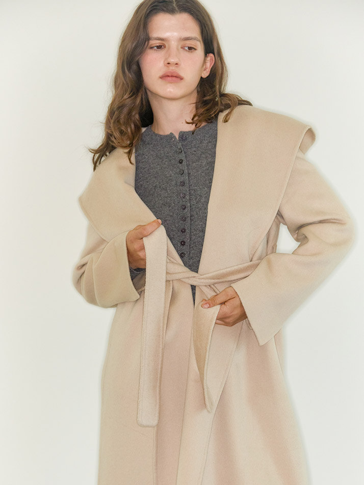camel hair 100% | belted hooded slit coat - beige