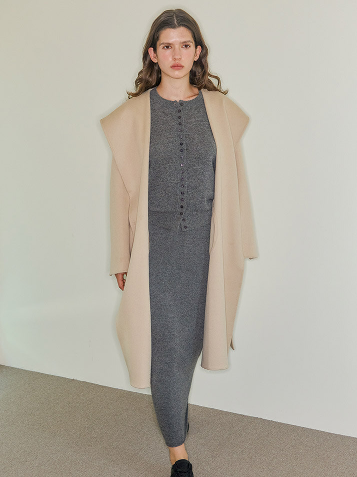 camel hair 100% | belted hooded slit coat - beige