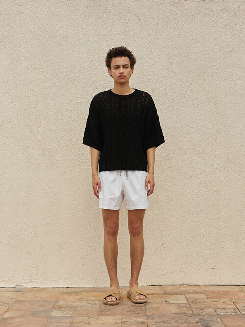 Cable Short-Sleeve Cotton Knit Sweater Black