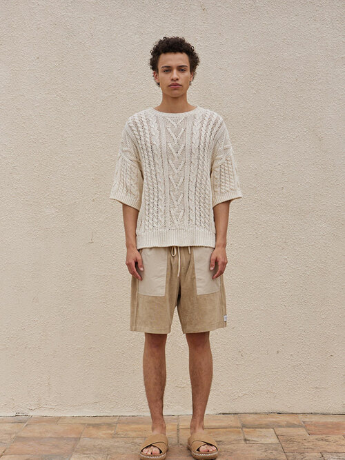 Cable Short-Sleeve Cotton Knit Sweater Ivory