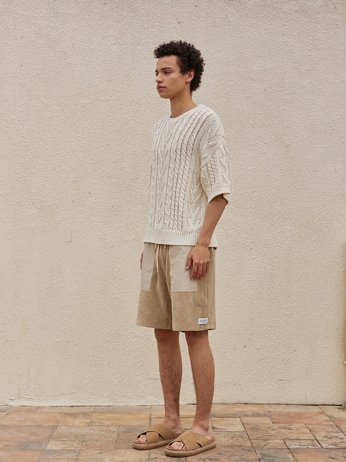 Cable Short-Sleeve Cotton Knit Sweater Ivory