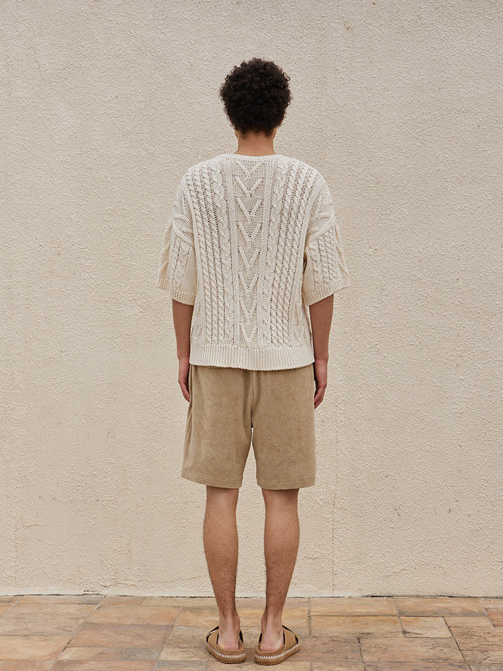 Cable Short-Sleeve Cotton Knit Sweater Ivory