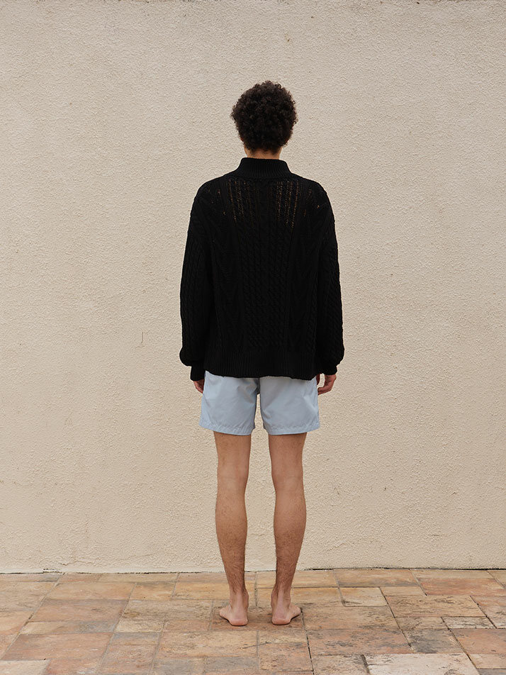 Cable Cotton Knit Collar Cardigan Black