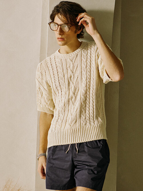 Cable Short-Sleeve Cotton Knit Sweater Ivory