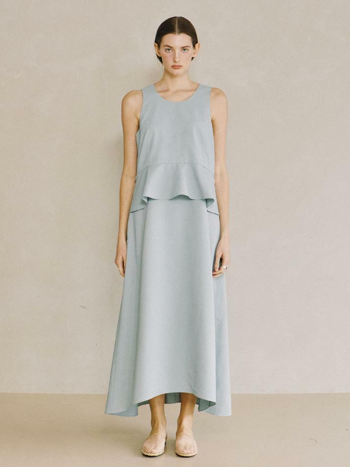Sleeveless Peplum Long Dress - aquablue  