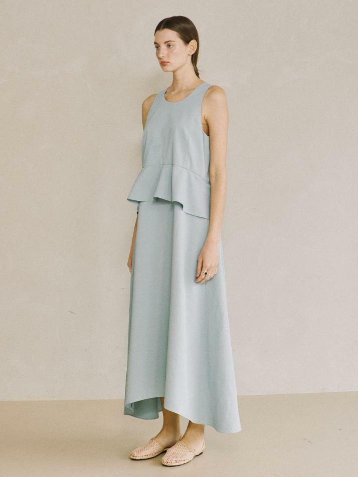 Sleeveless Peplum Long Dress - aquablue  