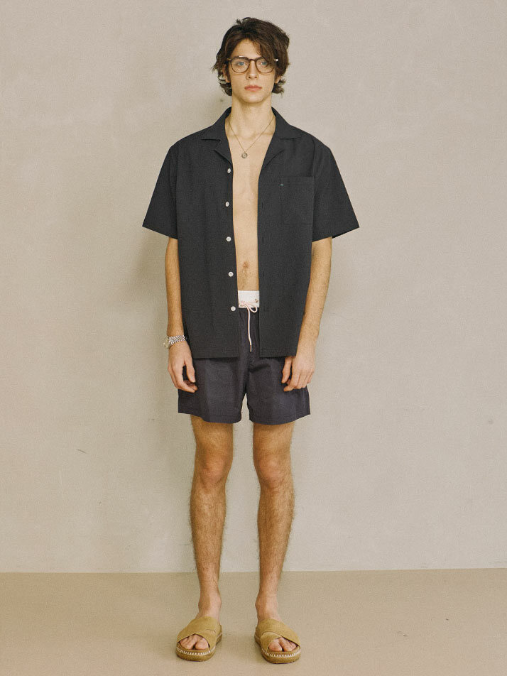 Seersucker Open-collar Shirt Navy