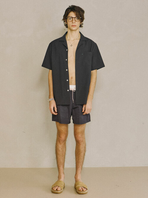 Seersucker Open-collar Shirt Navy