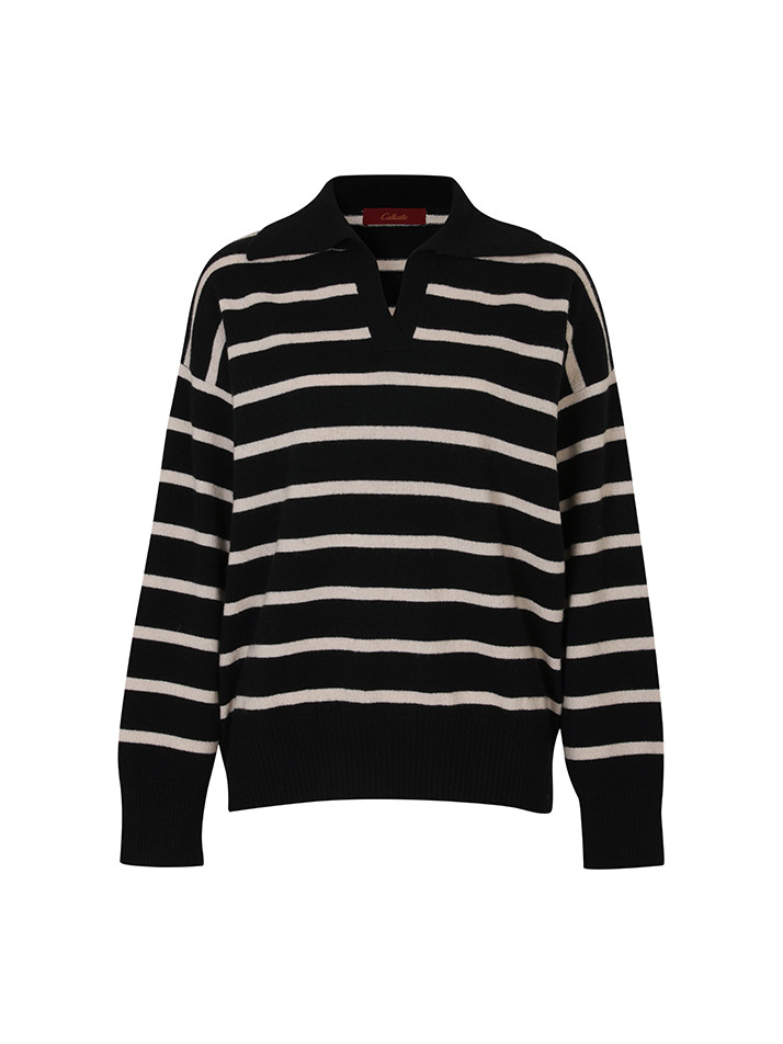 Cashmere Stripe Open Collar Sweater