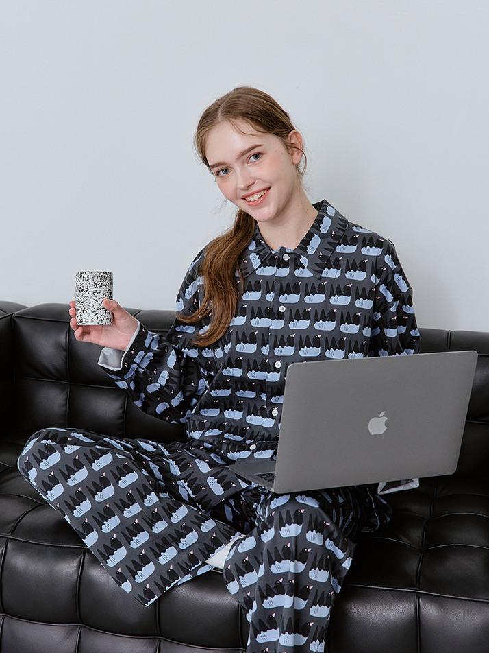 오타니 코튼100%  프리미엄 바이오 워싱  잠옷 긴팔 그레이(GRAY)