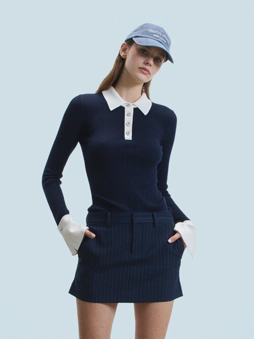 Two tone polo ribbed sweater