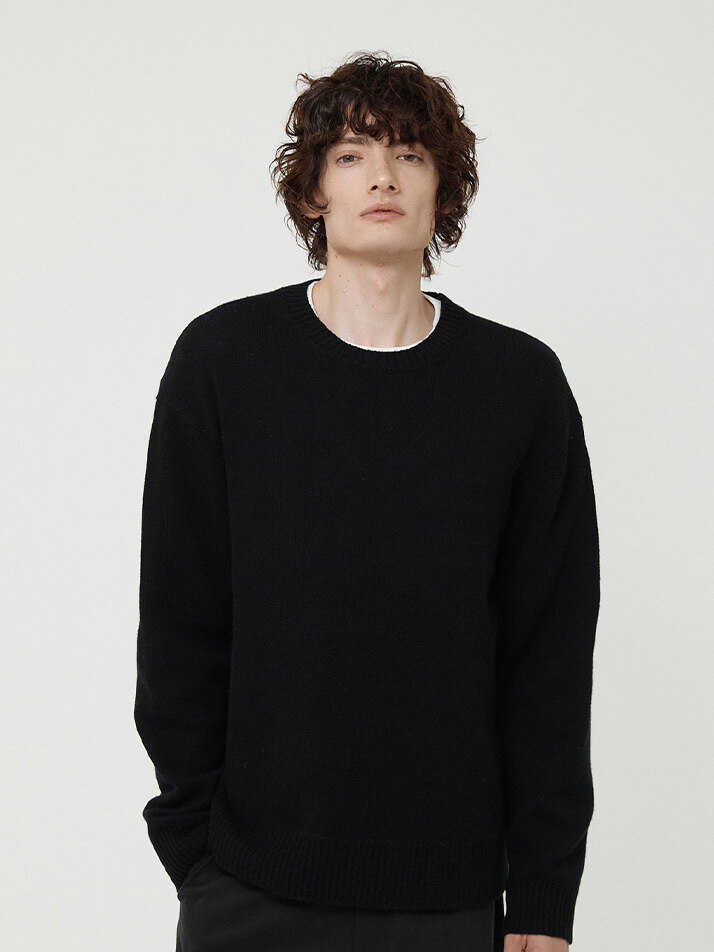 MAN CASHMERE BLEND WOOL CREW NECK KNIT BLACK