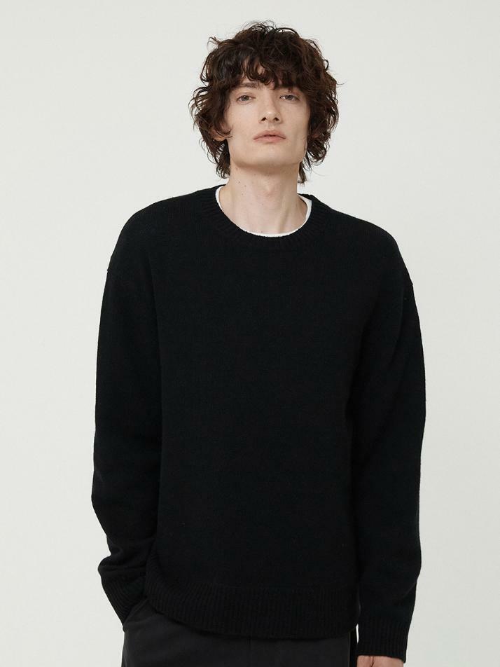 MAN CASHMERE BLEND WOOL CREW NECK KNIT BLACK
