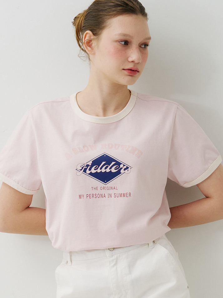 GRAPHIC CROPPED RINGER T-SHIRT PINK/BEIGE