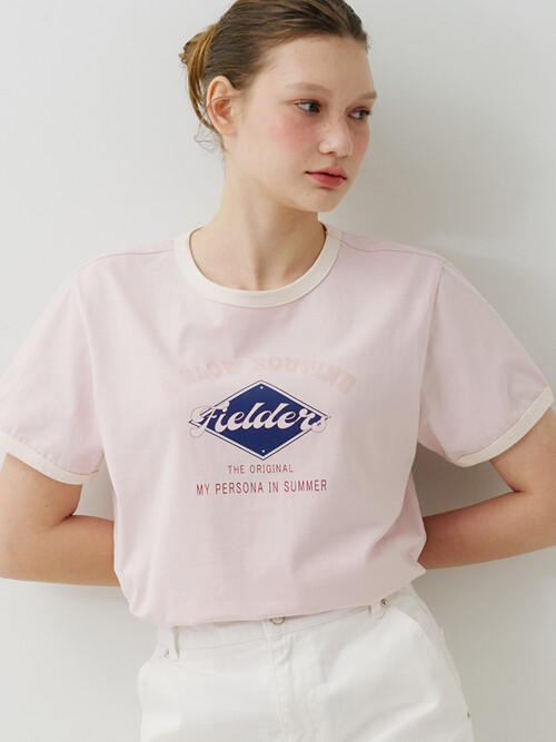 GRAPHIC CROPPED RINGER T-SHIRT PINK/BEIGE