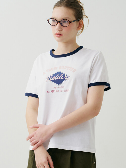 GRAPHIC CROPPED RINGER T-SHIRT WHITE/NAVY