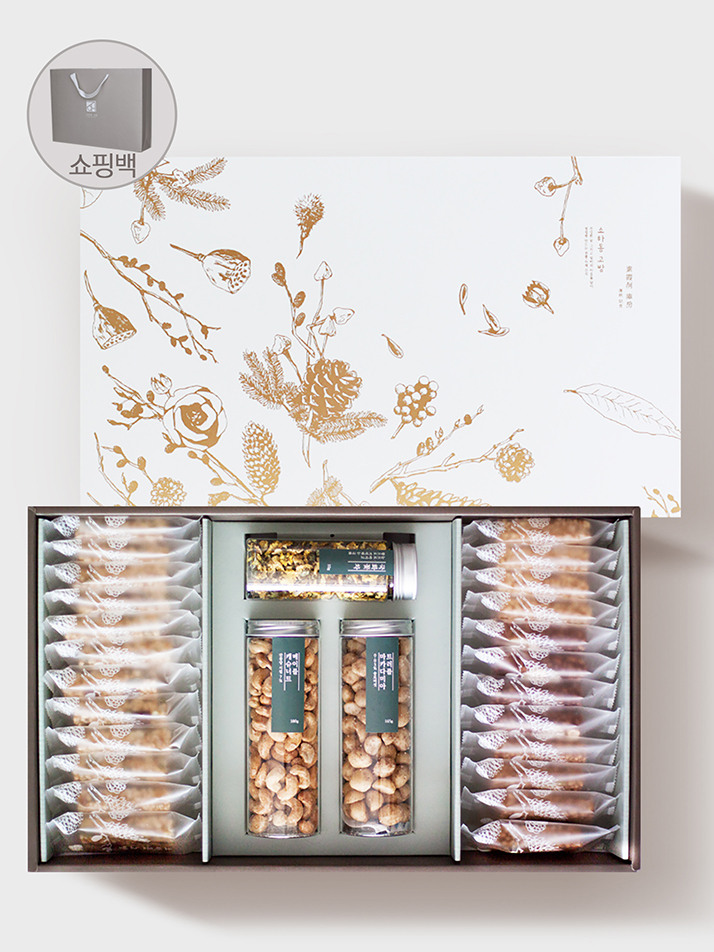 마음을 더하다 726g 4가지맛 수제강정 24개입 견과류 2개입 국화꽃차 1개입 /쇼핑백