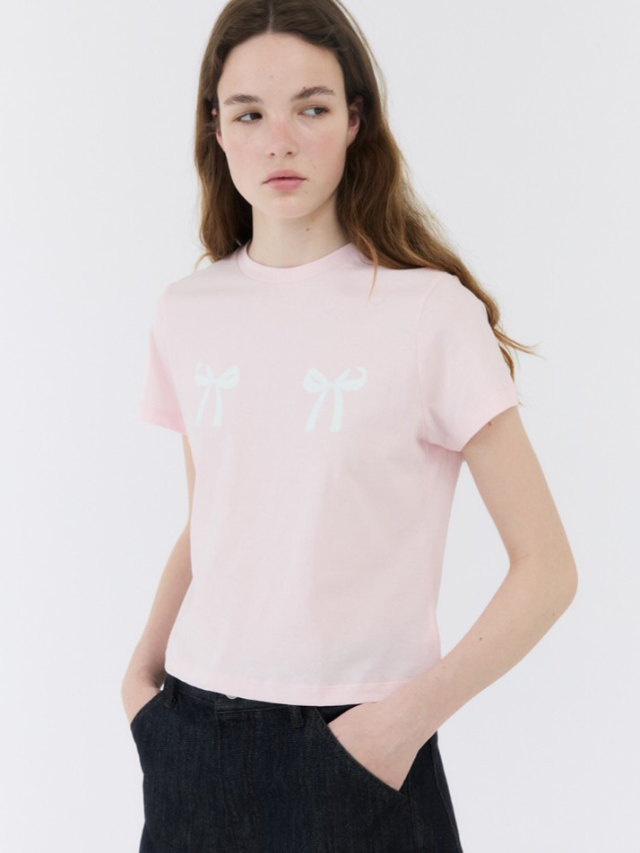 TWIN RIBBON TSHIRTS / LIGHT PINK