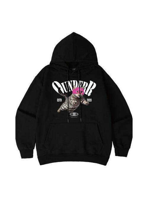 점프고양이 오버핏 후드 티셔츠 [블랙]