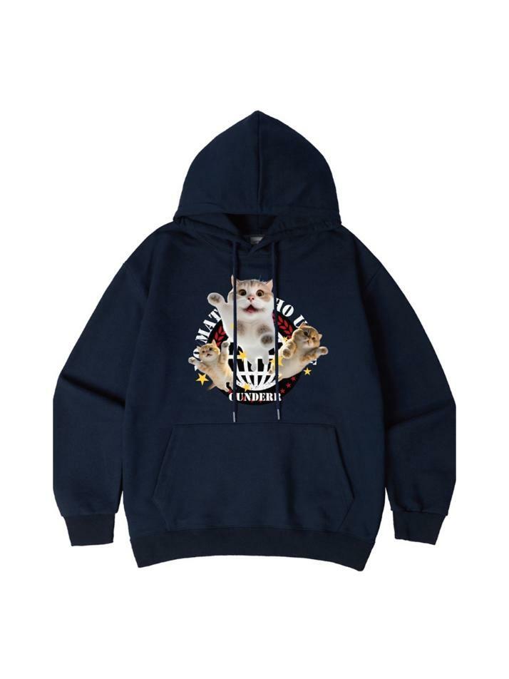 고양이 월계수 오버핏 후드 티셔츠 [네이비]