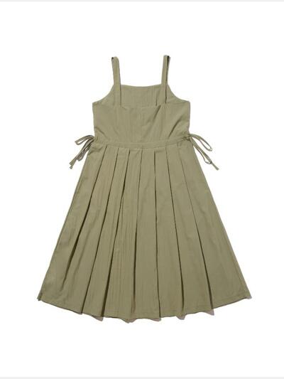 플리츠 라인 나일론 롱 원피스 (연카키)