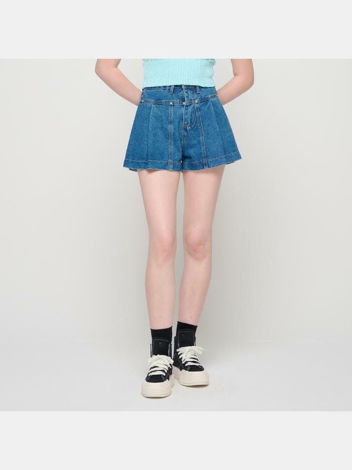 에이라인 핀턱 데님 숏팬츠 (다크블루)