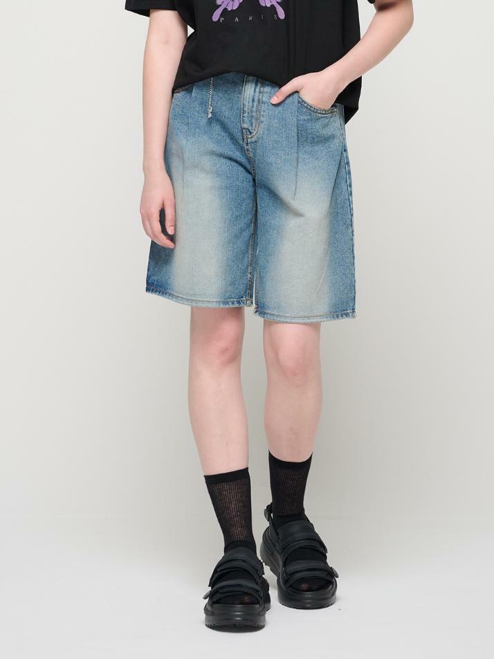 원턱 빈티지 워싱 버뮤다 데님 팬츠 (빈티지블루)