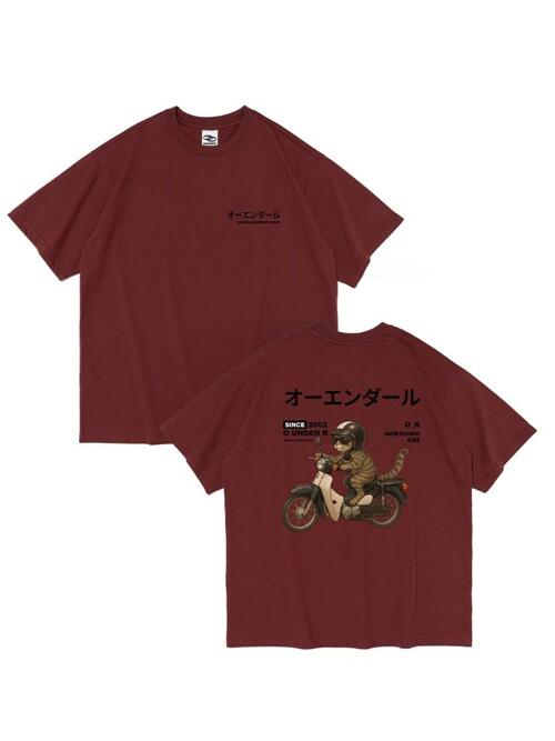 RIDING BIKE CAT 오버핏 반팔 티셔츠 (와인)