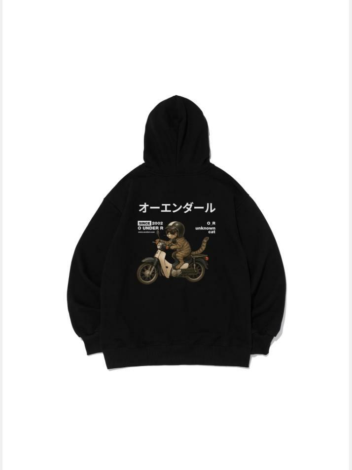 [기모선택] RIDING BIKE CAT 오버핏 후드 티셔츠 (블랙)