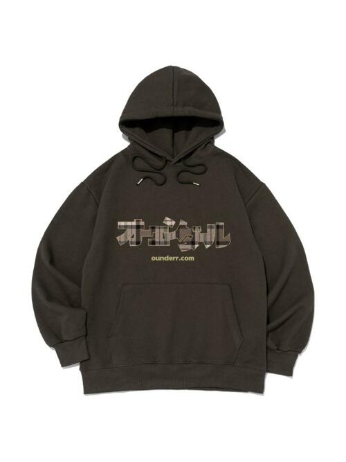 체크 로고 오버핏 후드 티셔츠 (카키)