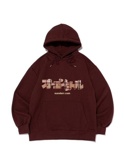 체크 로고 오버핏 후드 티셔츠 (와인)