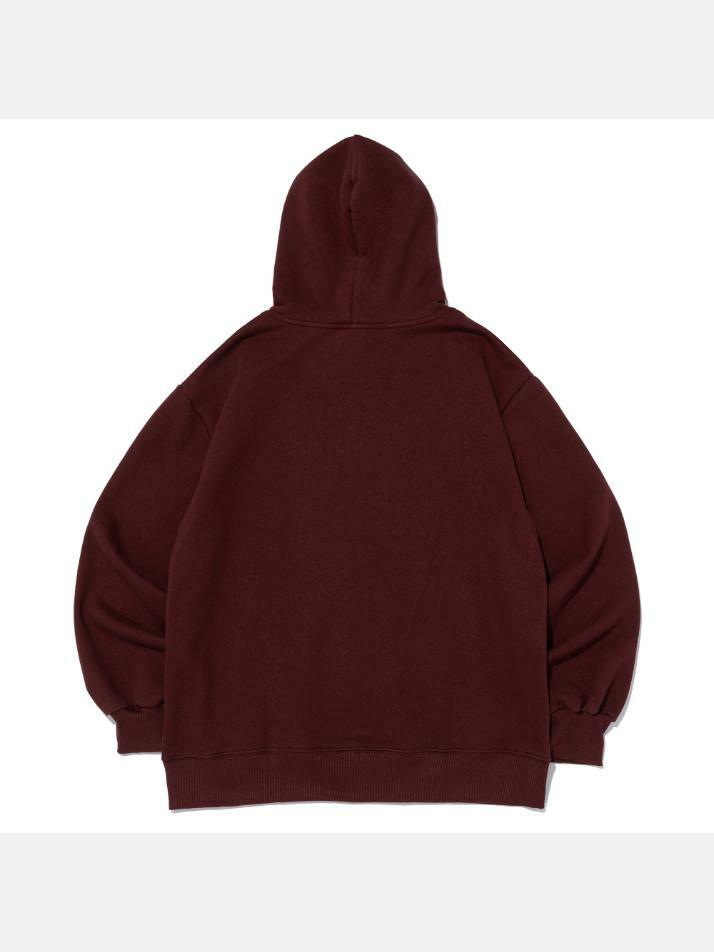 [기모선택] 체크 로고 오버핏 후드 티셔츠 (와인)