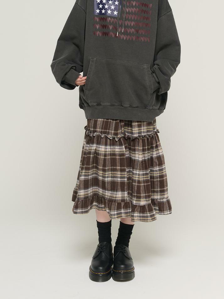 체크 티어드 밴딩 롱 스커트 (브라운)