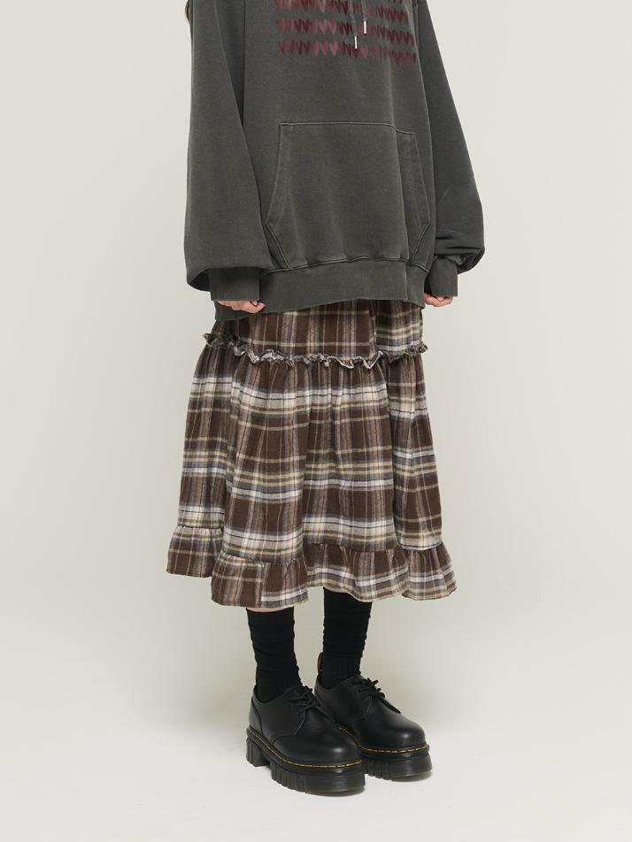 체크 티어드 밴딩 롱 스커트 (브라운)