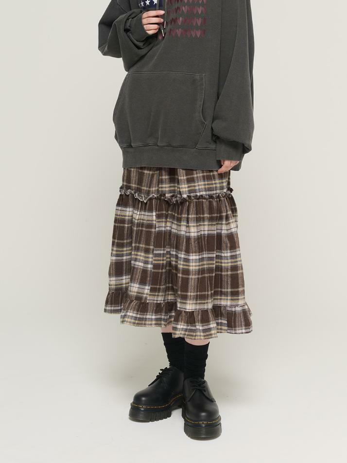 체크 티어드 밴딩 롱 스커트 (브라운)