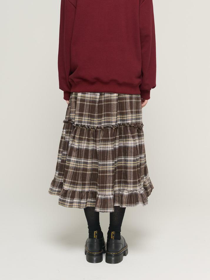 체크 티어드 밴딩 롱 스커트 (브라운)