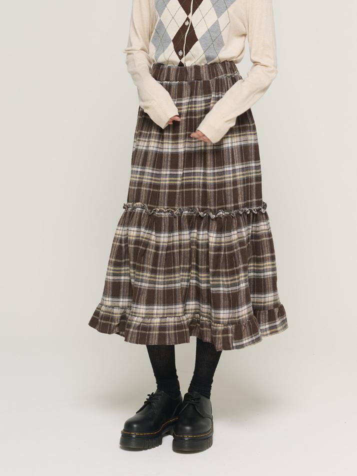 체크 티어드 밴딩 롱 스커트 (브라운)