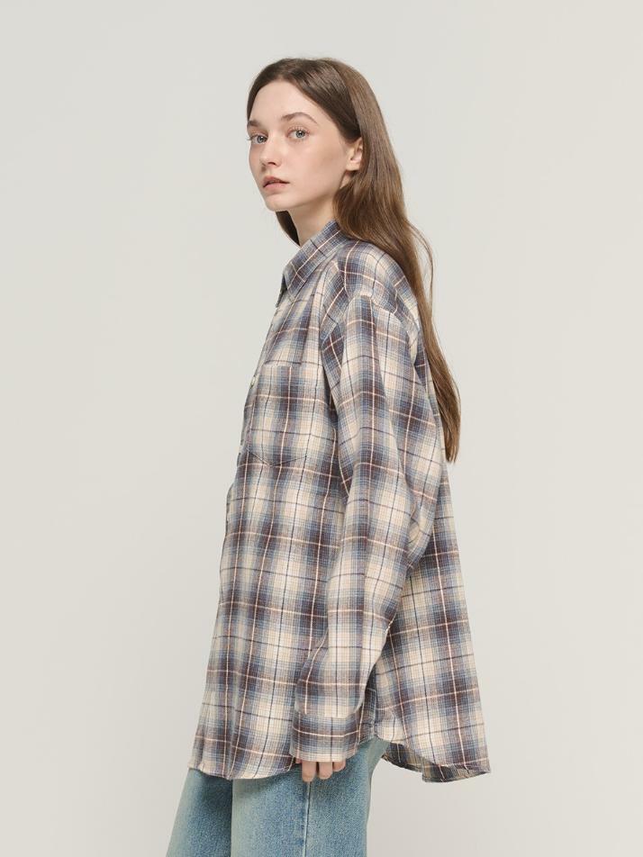 플란넬 기모 체크 오버핏 셔츠 (네이비)