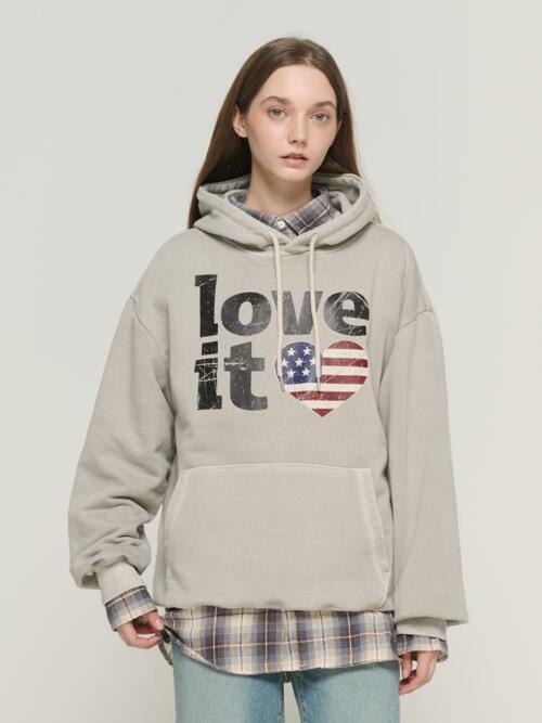 빈티지 하트 플래그 피그 후드 티셔츠 (베이지)