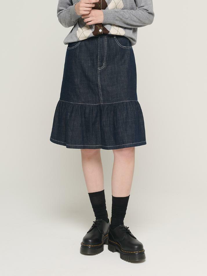 플레어 라인 데님 미디 스커트 (진청)