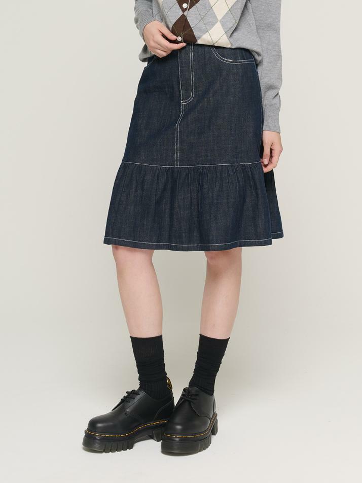 플레어 라인 데님 미디 스커트 (진청)