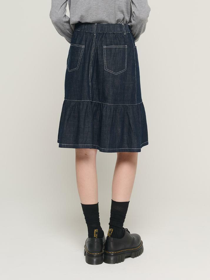 플레어 라인 데님 미디 스커트 (진청)