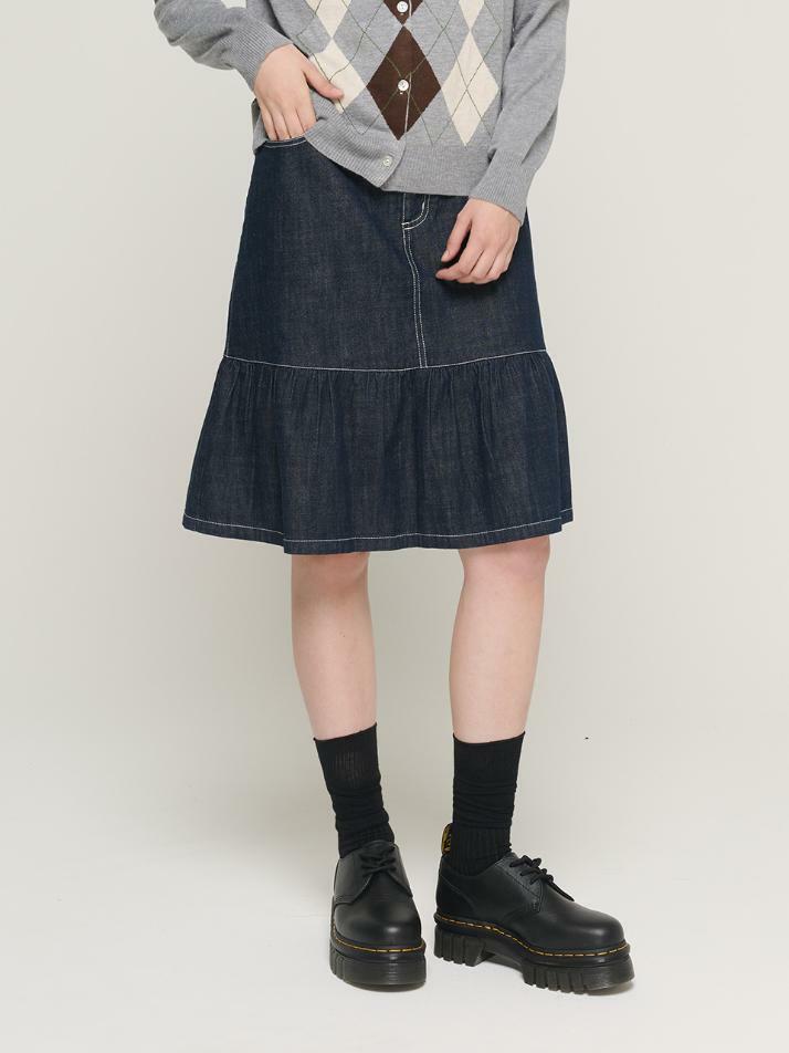 플레어 라인 데님 미디 스커트 (진청)